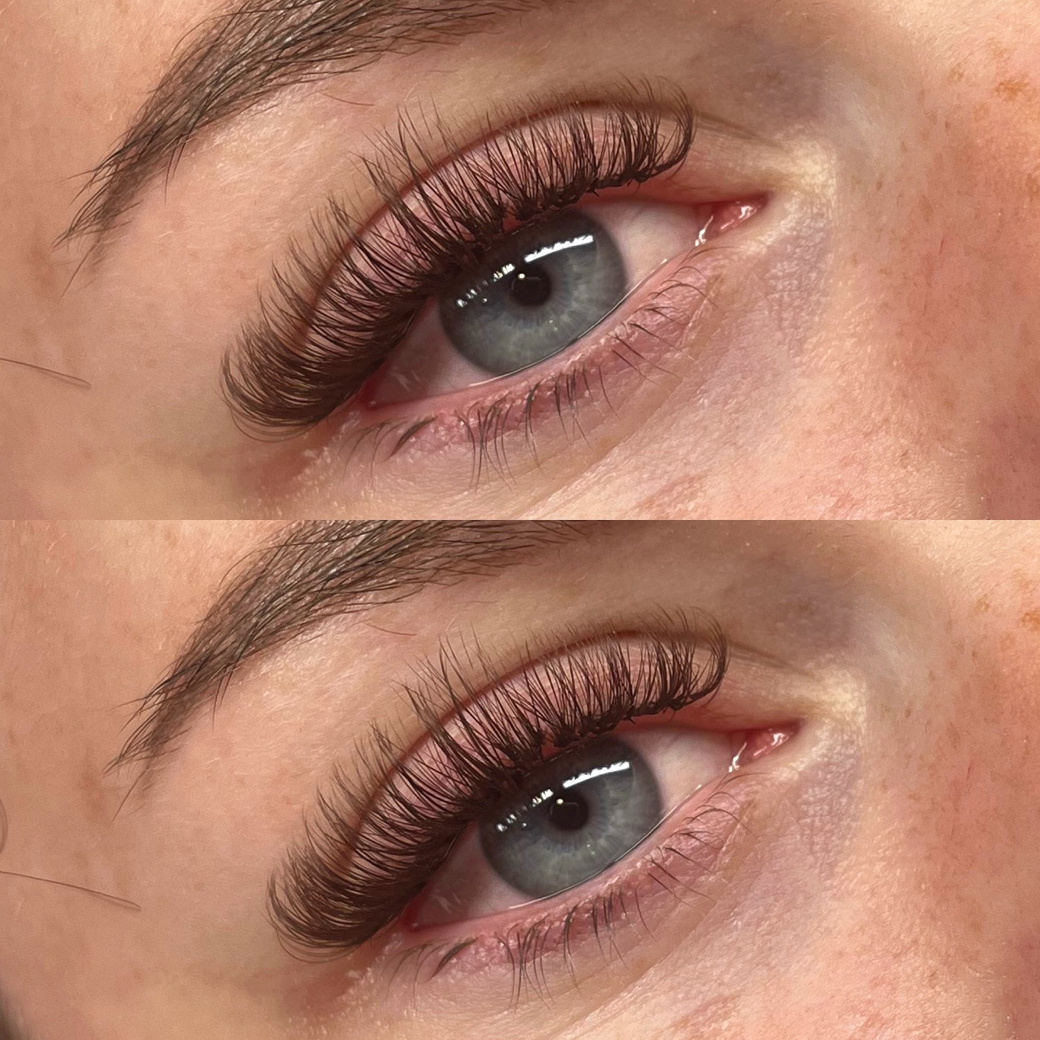 Close-up of hybrid lash extensions on blue eyes