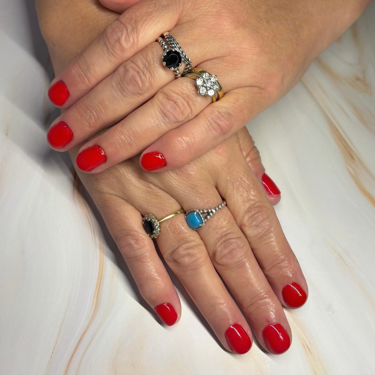 Short glossy red builder gel nails